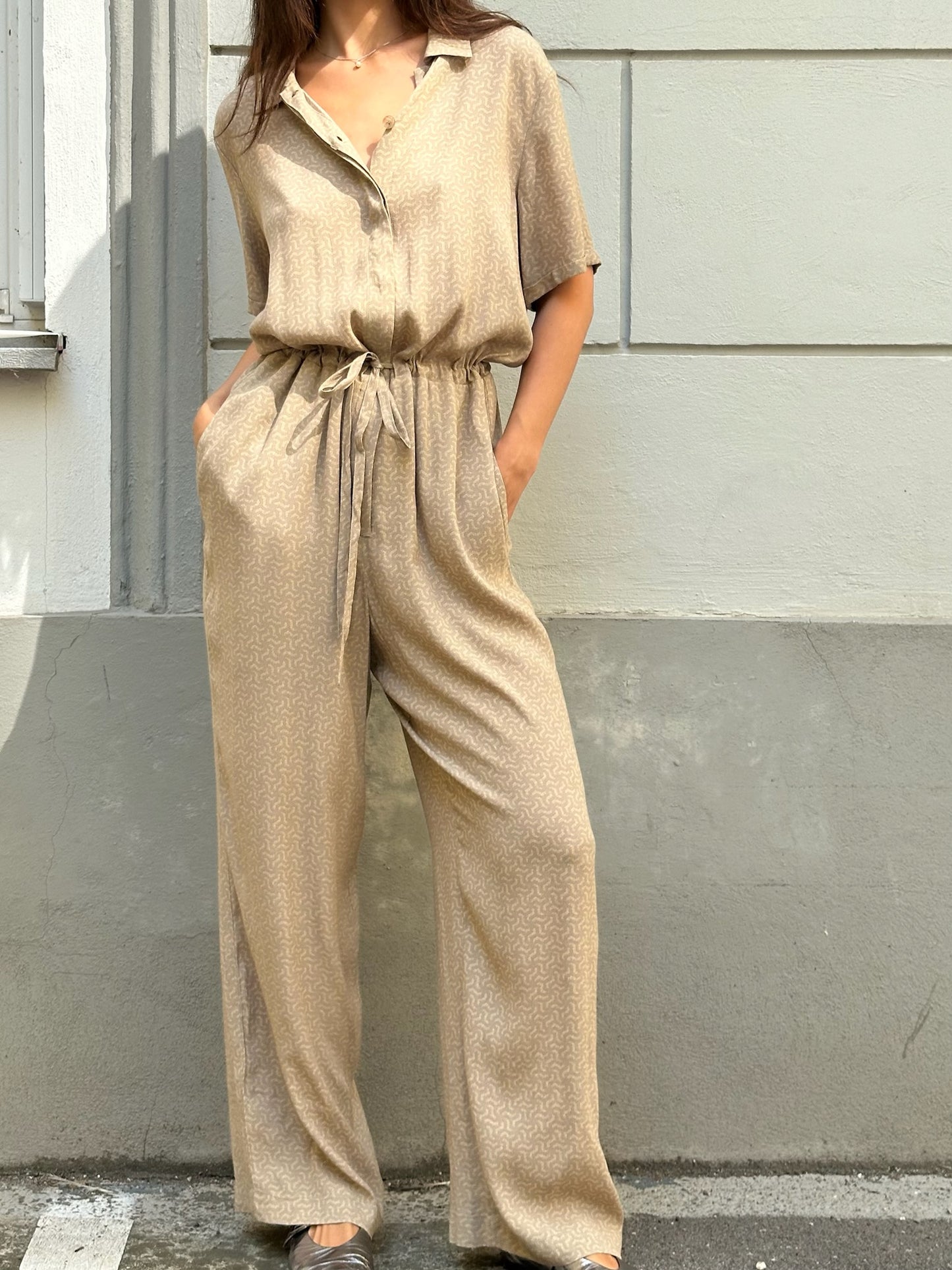 YAYA 100% Viscose Beige Pattern Jumpsuit L