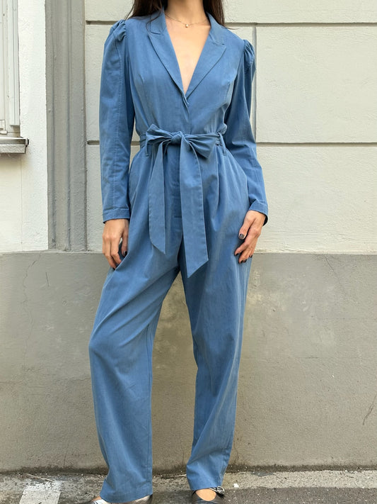 Blue Blazer Style Belted Jumpsuit S