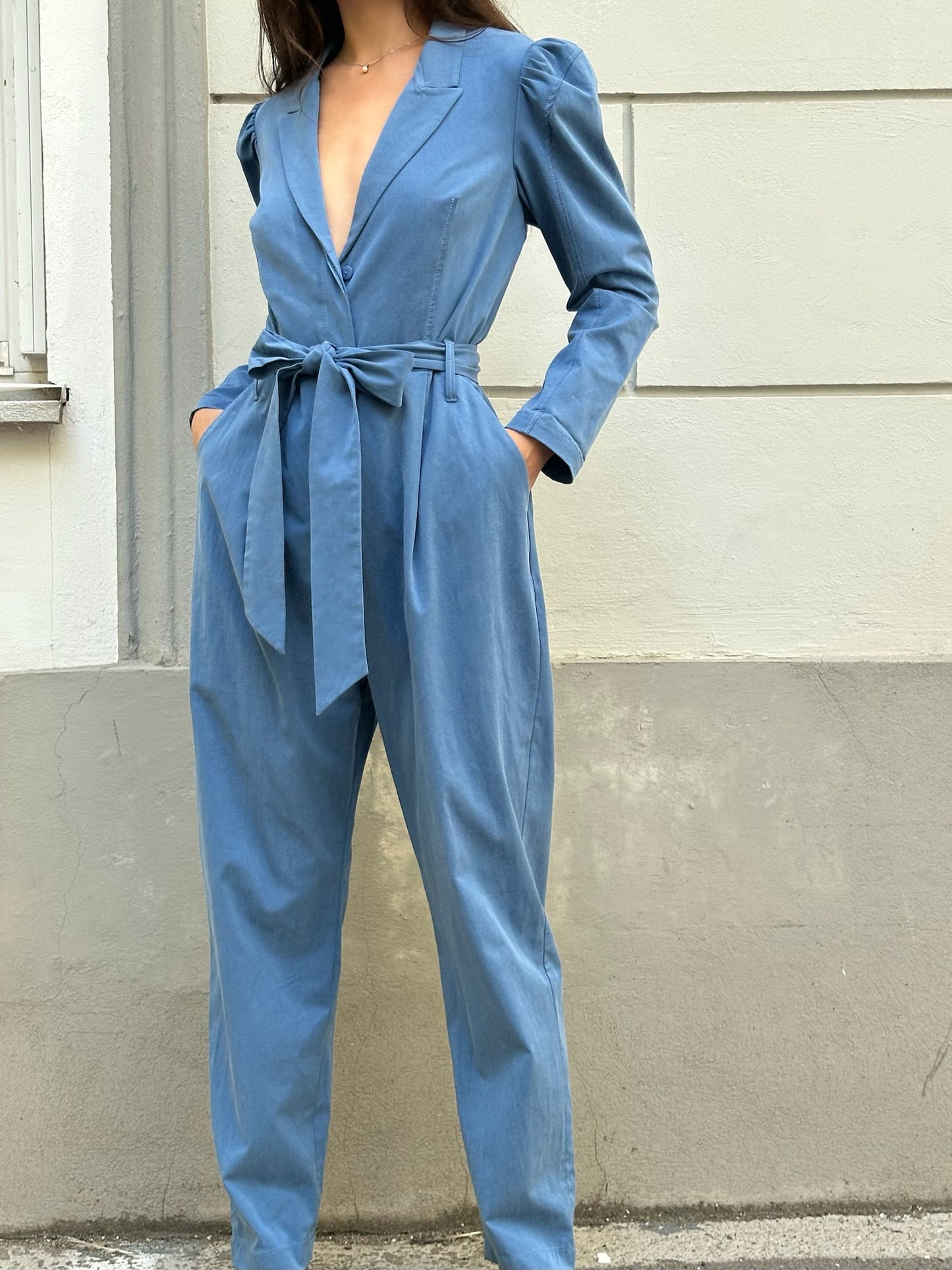Blue Blazer Style Belted Jumpsuit S