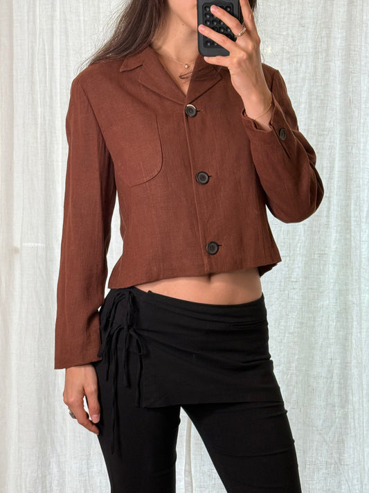 Vintage 100% Linen Brown Fitted Blazer Jacket S