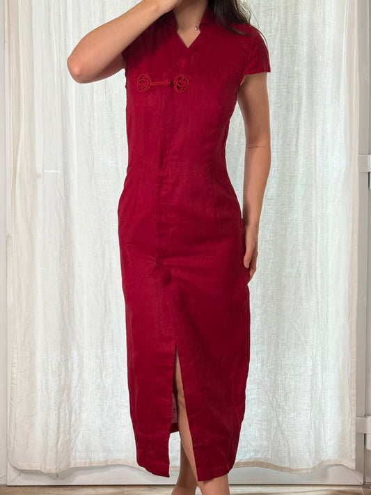 Vintage Ramie Asian Oriental Red Dress M