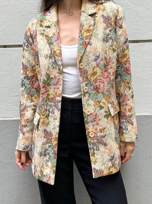 Vintage Cotton Blend Floral Blazer L