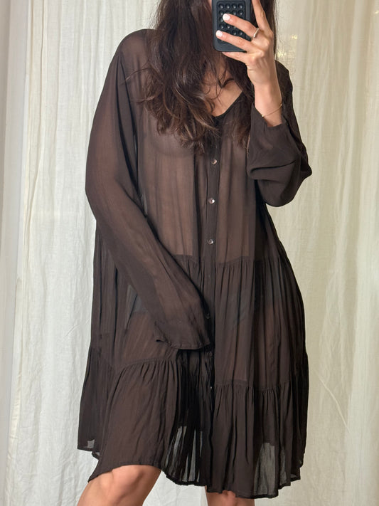Vintage 100% Viscose Brown Sheer Long Sleeve Tunic Dress L