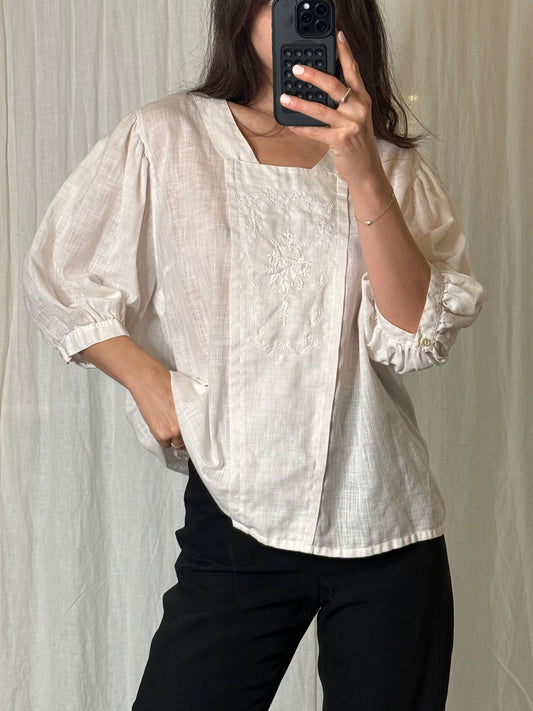 Vintage Cotton Linen Puff Sleeve White Blouse M