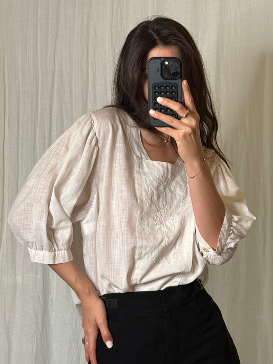 Vintage Cotton Linen Puff Sleeve White Blouse M