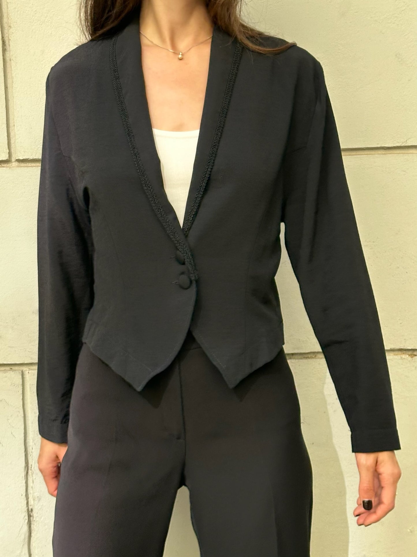 Vintage Black Viscose Blend Embroidered Hem Blazer M