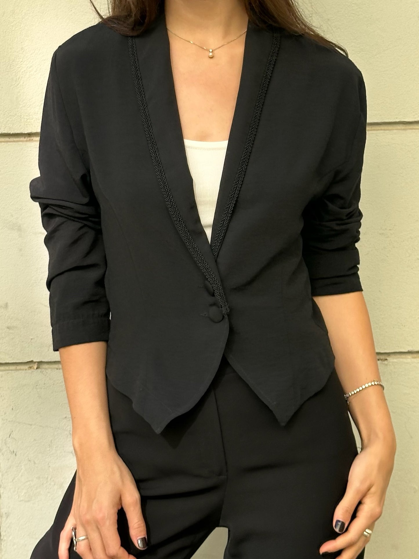 Vintage Black Viscose Blend Embroidered Hem Blazer M