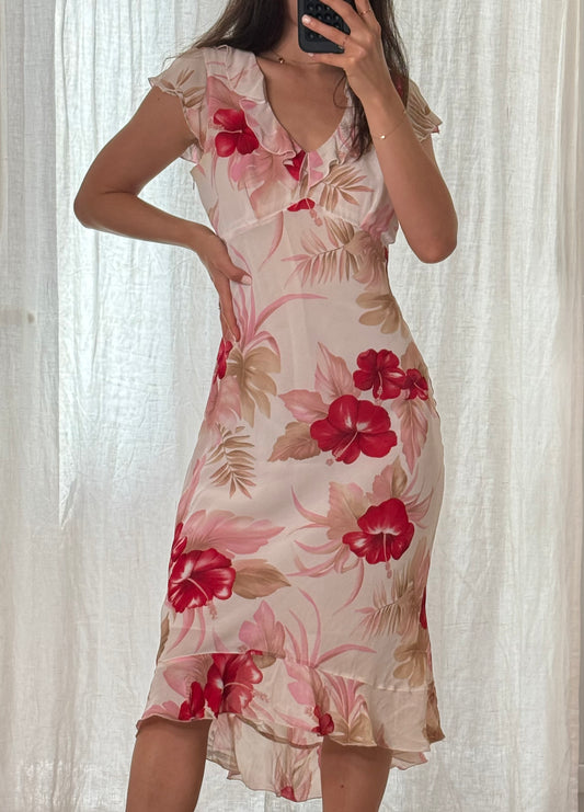 Vintage 100% Viscose Ruffle Floral White/Red/Pink Midi Dress M