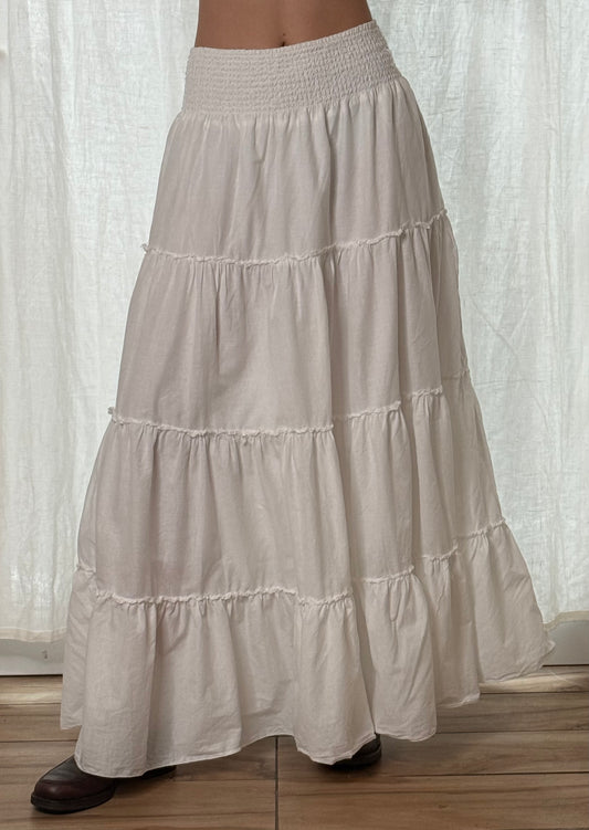 Vintage White 100% Cotton Tiered Maxi Skirt S