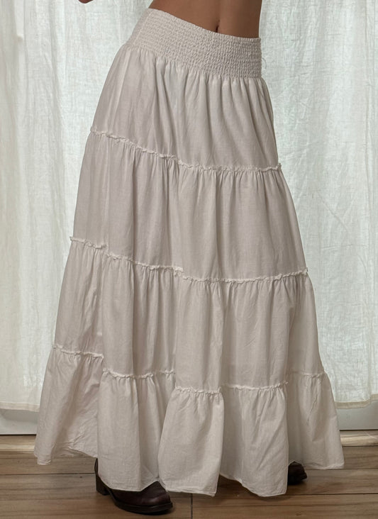 Vintage White 100% Cotton Tiered Maxi Skirt S