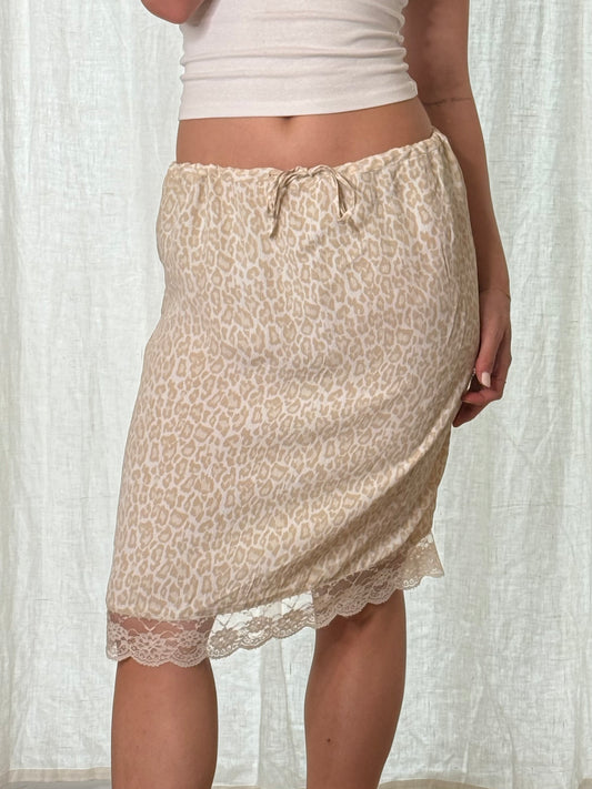 Cream Leopard Print Lace Trim 100% Viscose Midi Skirt S/M