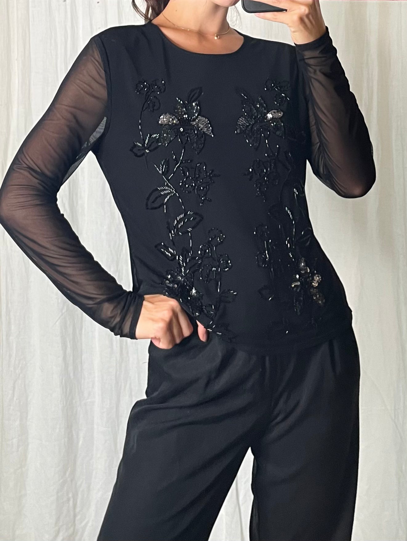 Vintage Black Mesh Sparkly Mesh Long Sleeve Top M