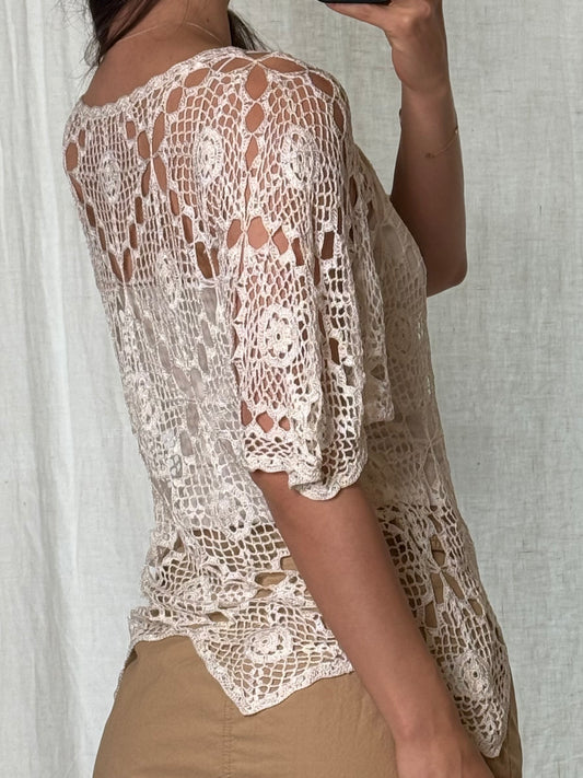 Vintage Rayon White Knitted Crochet Top S
