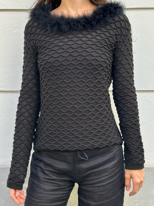Vintage Wool Blend Black Long Sleeve Feather Trim Top S/M