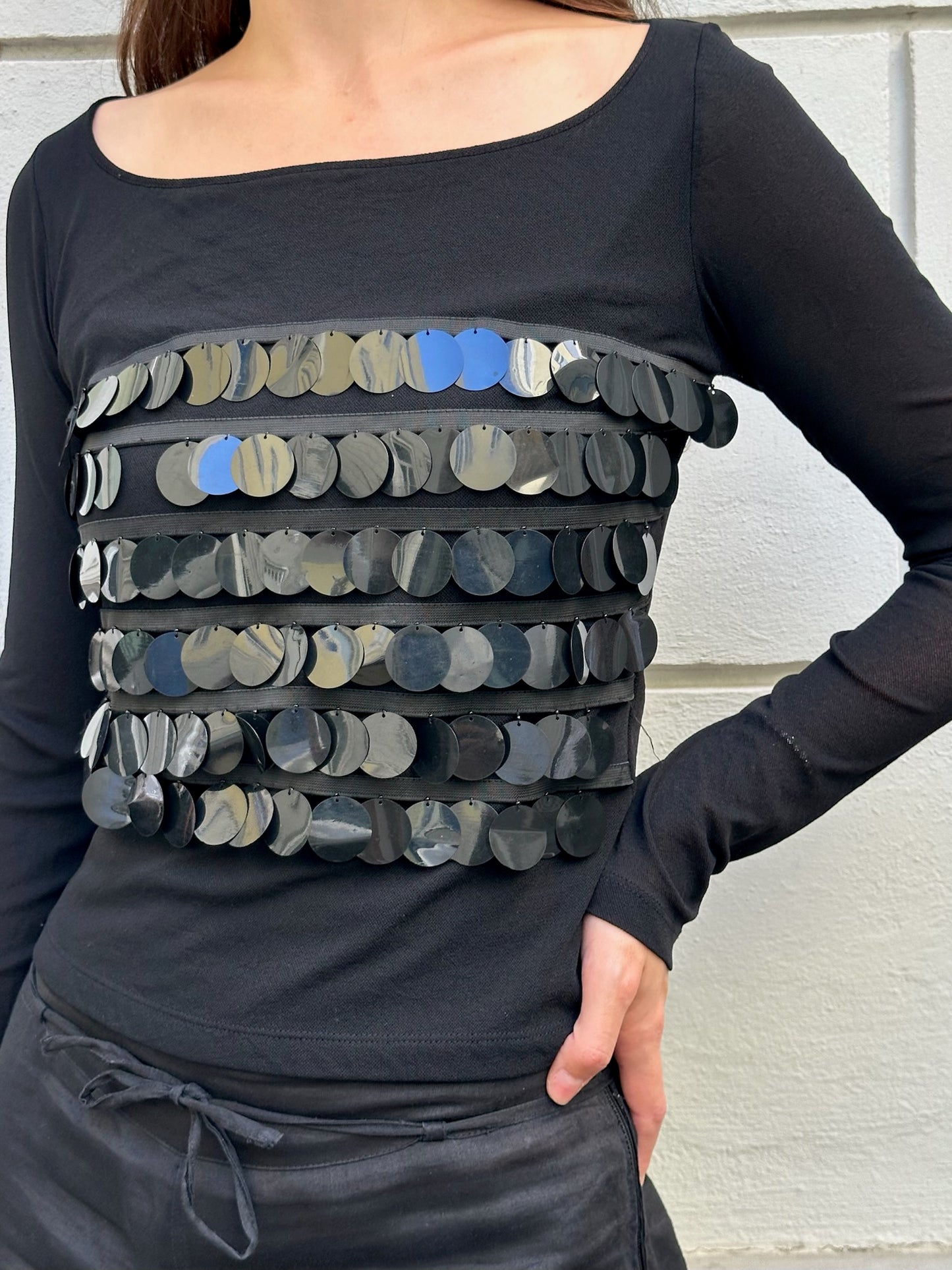 Vintage GIANFRANCO FERRE Black Black Disc Sequin Long Sleeve Top S