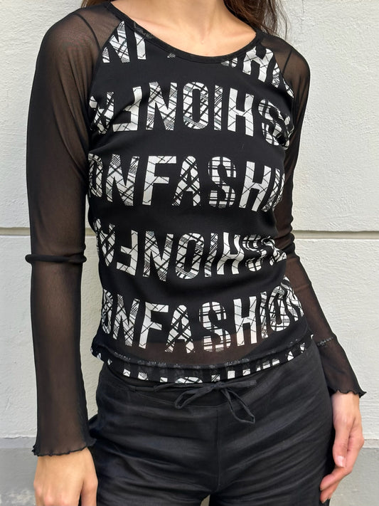Vintage Y2K “Fashion” Mesh Sleeve Blouse S