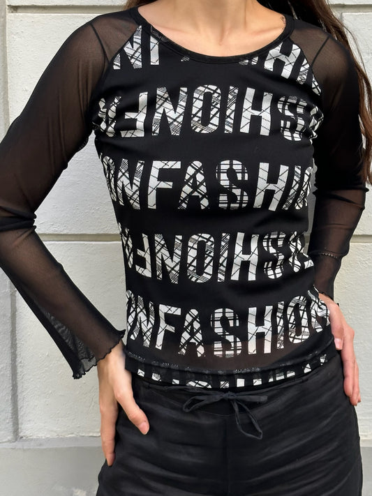 Vintage Y2K “Fashion” Mesh Sleeve Blouse S