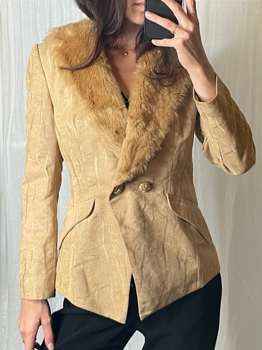 Vintage Beige Soft Fluffy Neck Blazer Jacket S