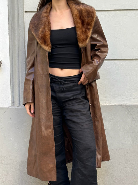 Vintage Faux Leather & Fur Brown Midi Jacket M