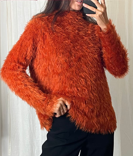 Orange Fuzzy Long Sleeve High Neck Sweater S/M