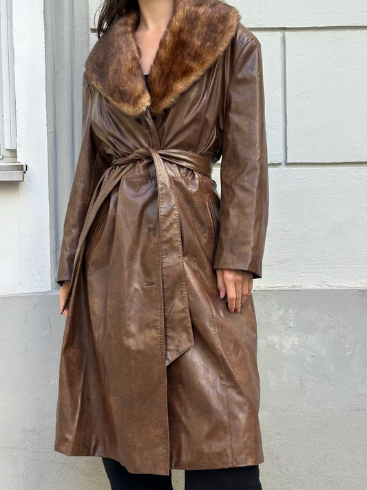 Vintage Faux Leather & Fur Brown Midi Jacket M