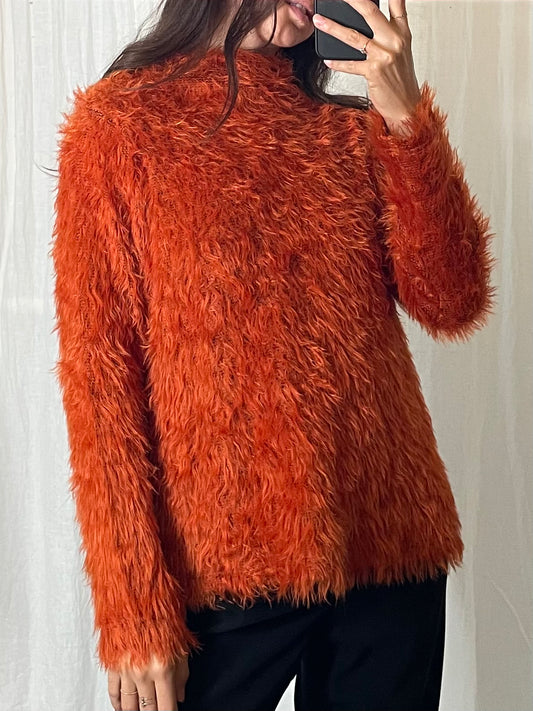 Orange Fuzzy Long Sleeve High Neck Sweater S/M