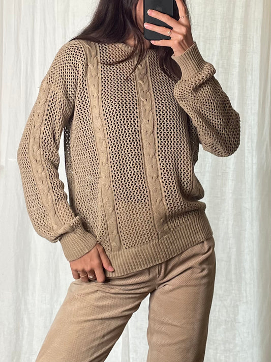 Vintage Cotton Blend Cable Knit Beige Sweater S