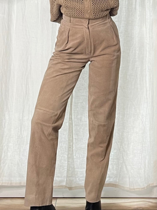 Vintage 100% Genuine Leather Beige High Waister Perforated Trousers XS EU 34