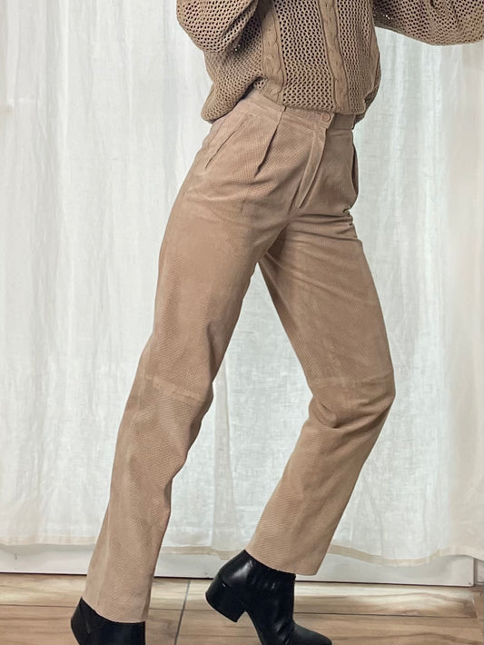 Vintage 100% Genuine Leather Beige High Waister Perforated Trousers XS EU 34