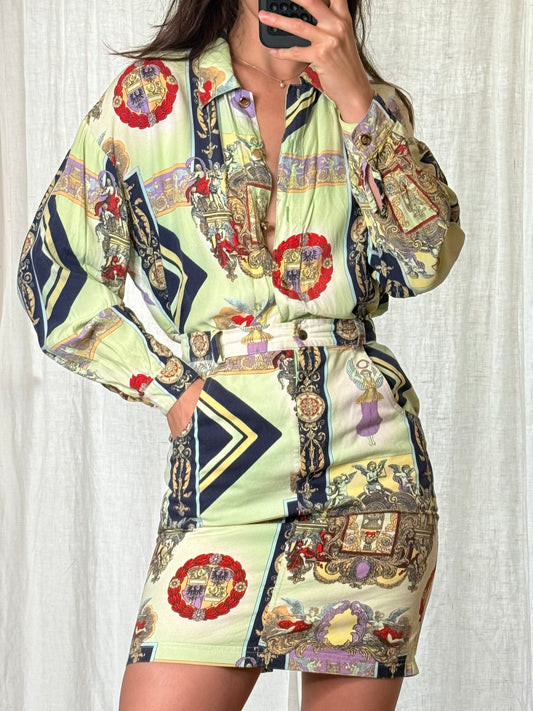 Vintage 2-Piece Button Down Blouse & Skirt Printed Set S/M