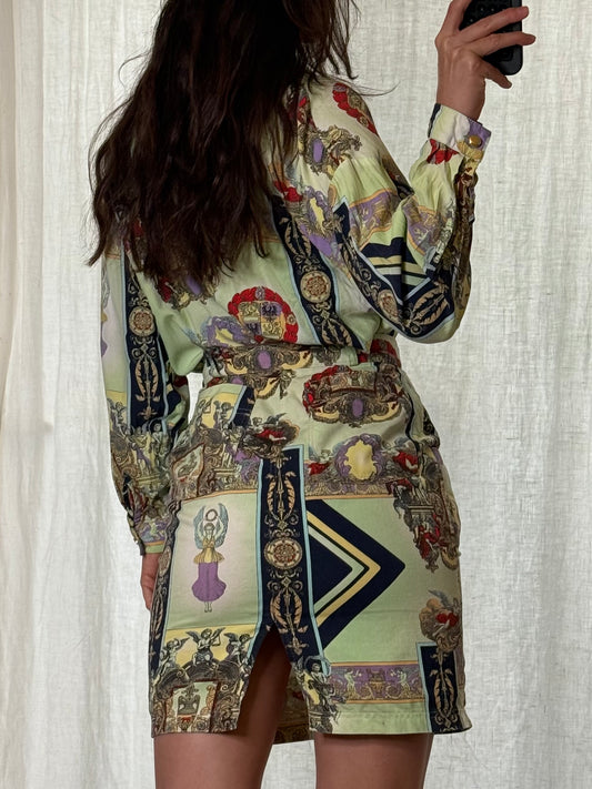 Vintage 2-Piece Button Down Blouse & Skirt Printed Set S/M