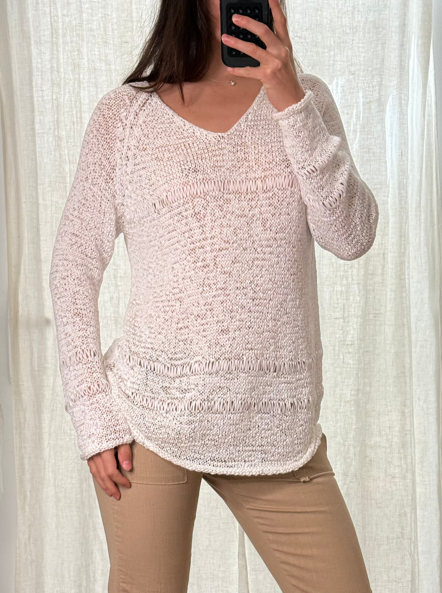 Vintage White Crochet Knitted V-Neck Long Sleeve Top XL