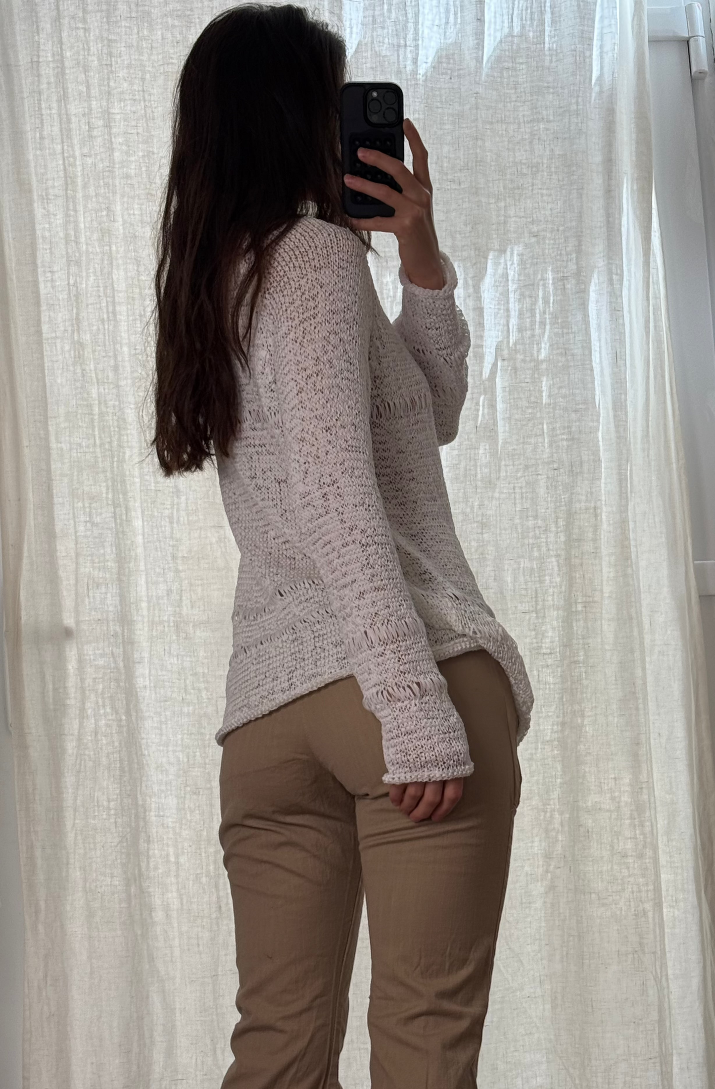 Vintage White Crochet Knitted V-Neck Long Sleeve Top XL