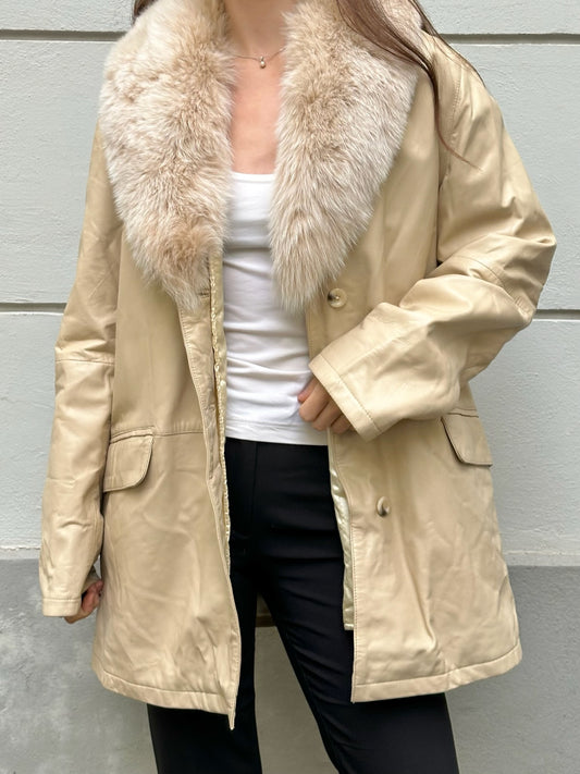 Vintage 100% Genuine Leather & Fur Trim Butter Yellow Jacket M/L
