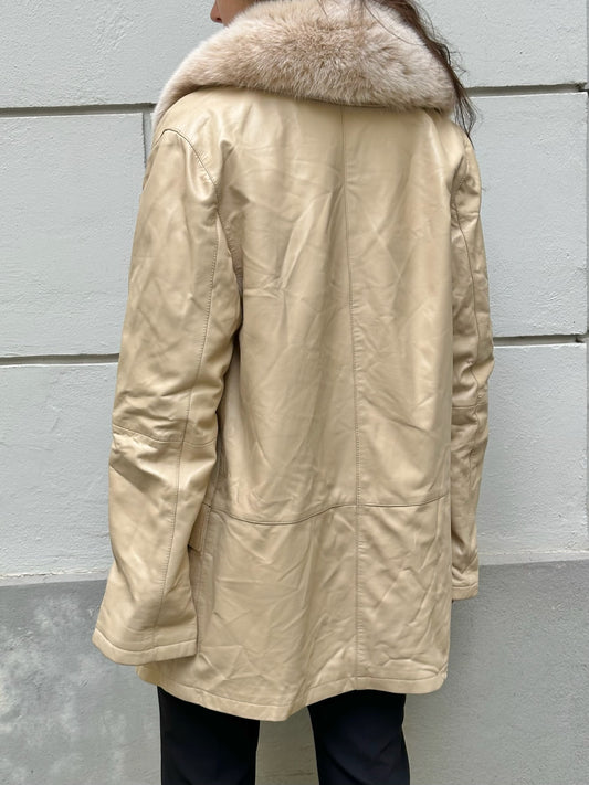 Vintage 100% Genuine Leather & Fur Trim Butter Yellow Jacket M/L