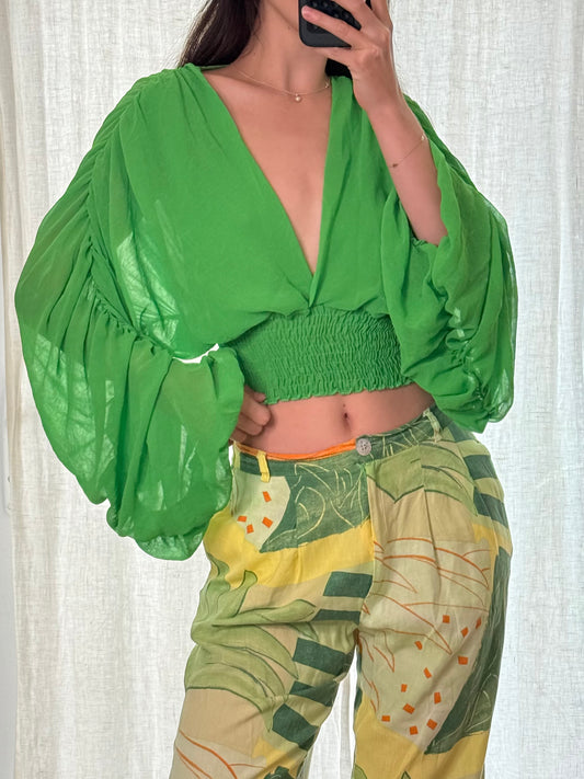 Bright Green Scrunch Sleeve V-Neck Long Sleeve Cropped Blouse M