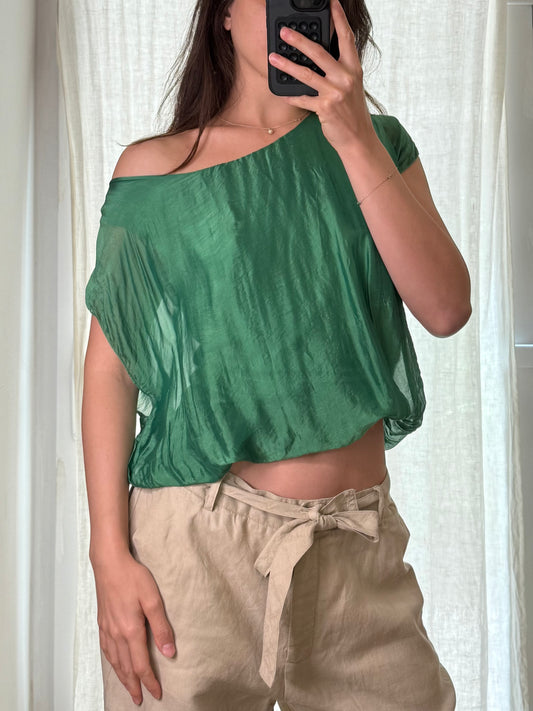 Emerald Green Silk Blend Bubble Hem Top S/M