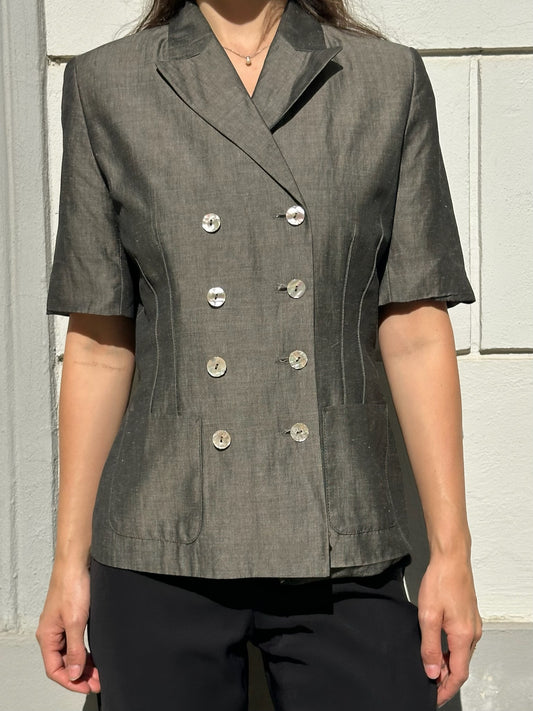 Vintage Viscose/Linen Blend Khaki Blazer Style Top S