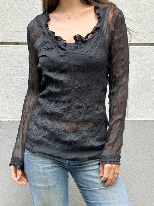 Vintage Black Crinkly Long Sleeve Top S/M