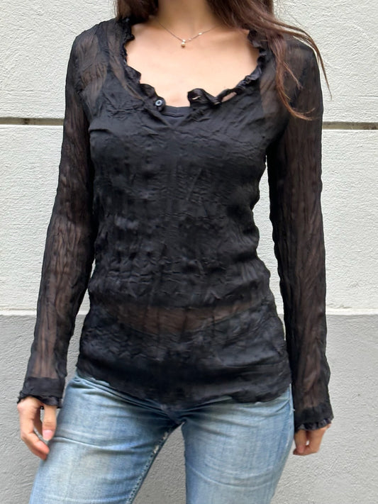 Vintage Black Crinkly Long Sleeve Top S/M
