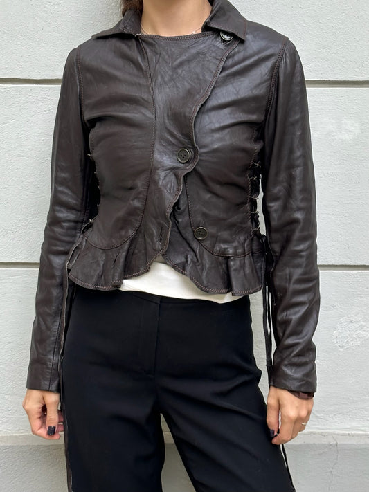 Vintage Y2K 100% Genuine Leather Dark Brown Lace Up Frill Jacket XS/S
