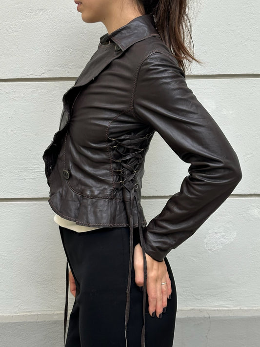 Vintage Y2K 100% Genuine Leather Dark Brown Lace Up Frill Jacket XS/S