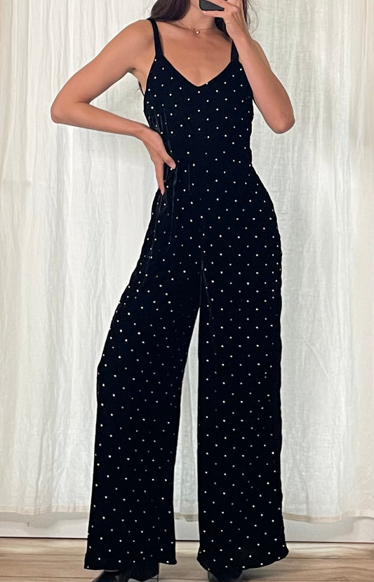 Black Velvet Rhinestone Wide Leg Jumpsuit M