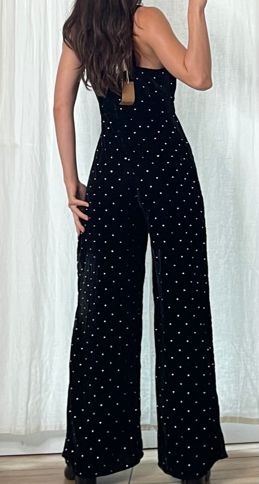 Black Velvet Rhinestone Wide Leg Jumpsuit M