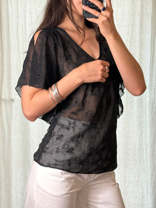 Black Sheer Cut Out Sleeve Top S/M