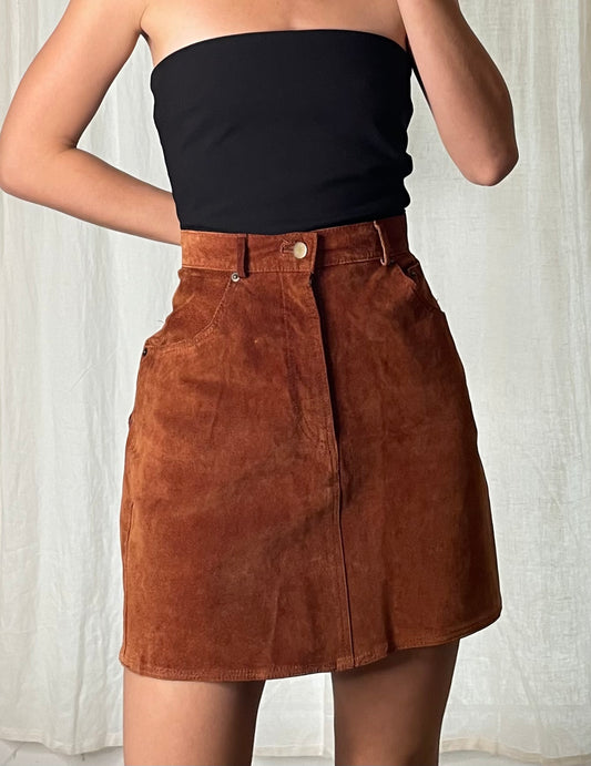 Vintage 100% Genuine Leather Brown Suede High Waisted Skirt L