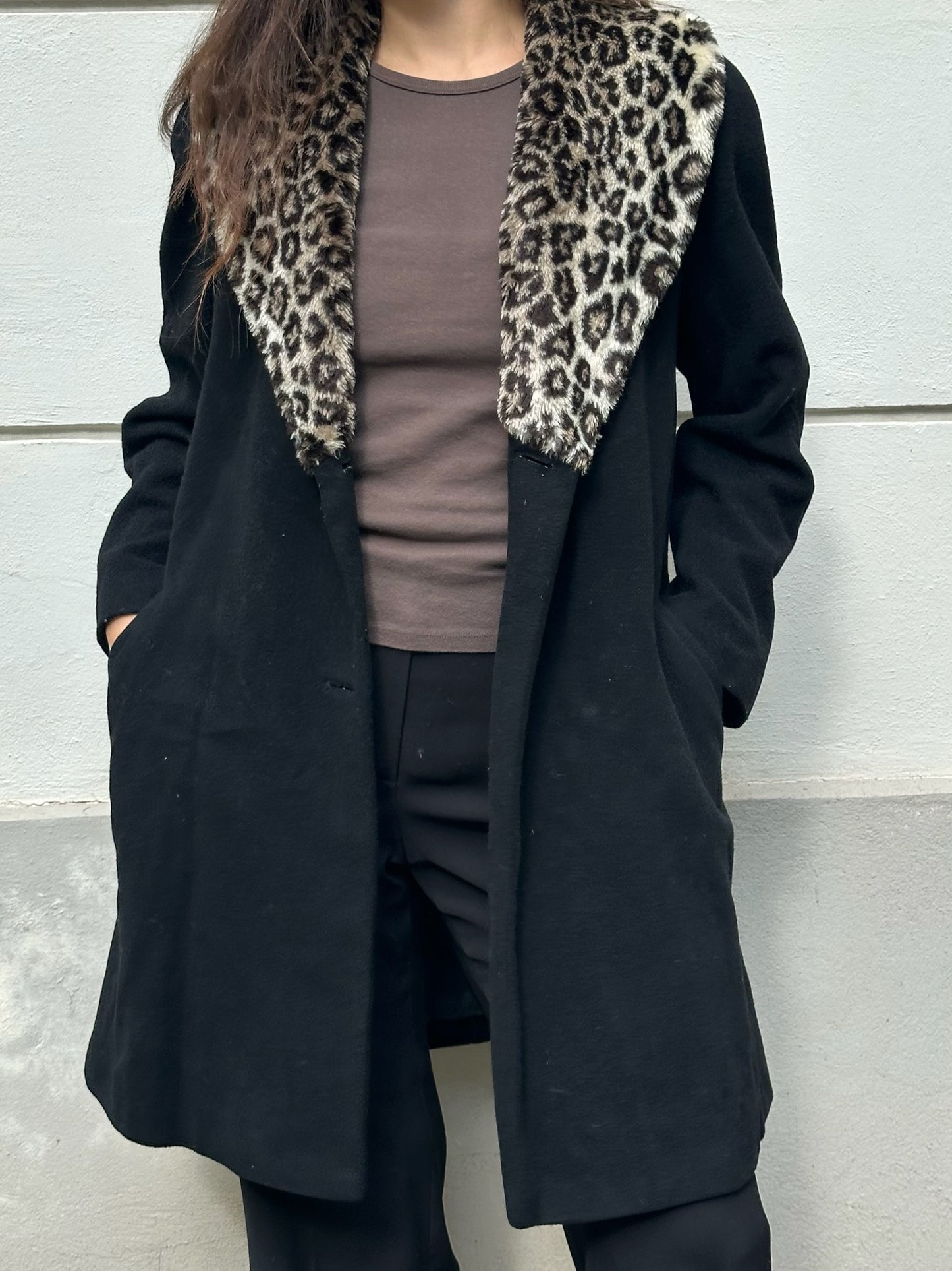 Vintage Black & Cheetah Print Wool Coat M