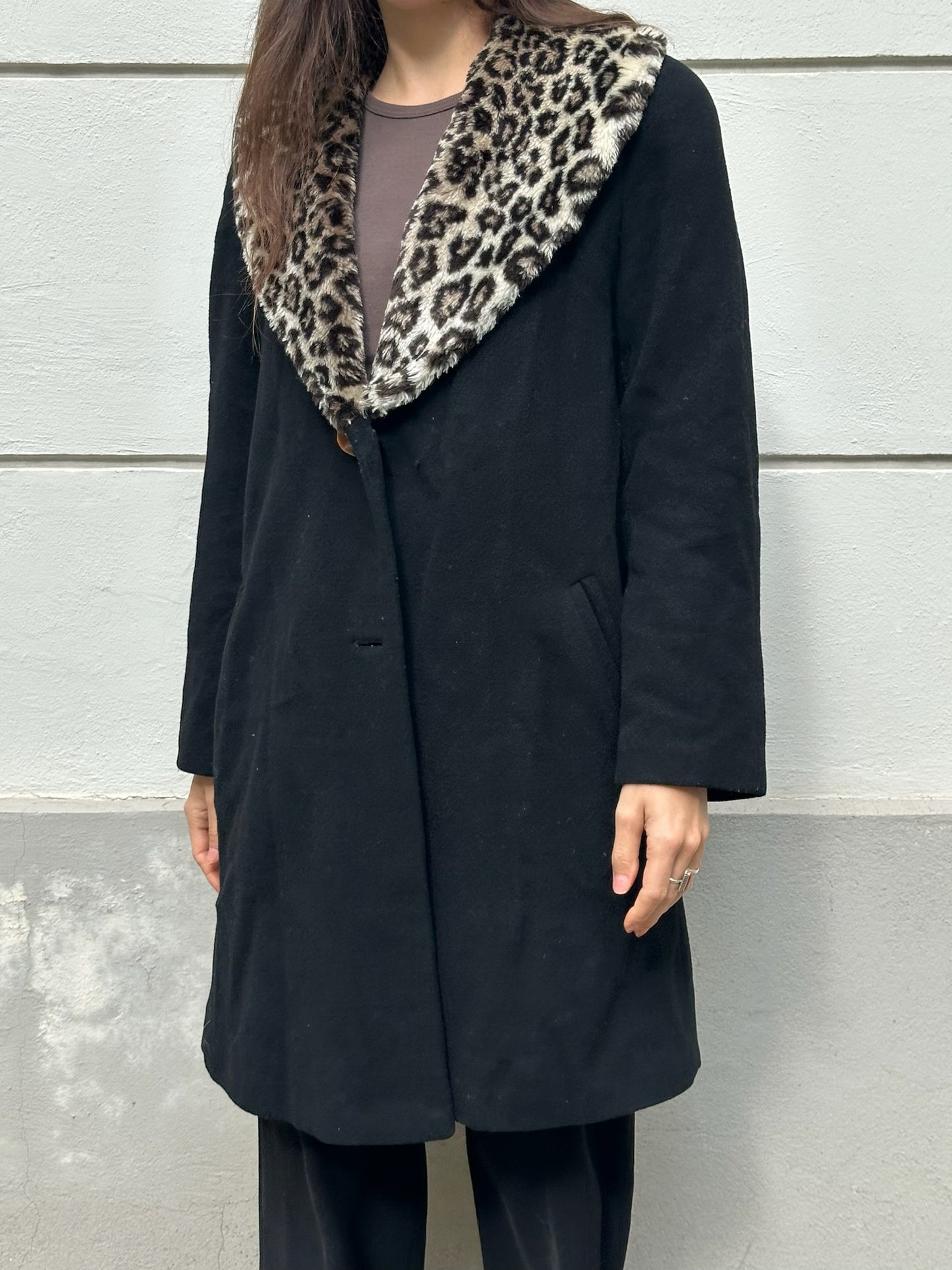 Vintage Black & Cheetah Print Wool Coat M