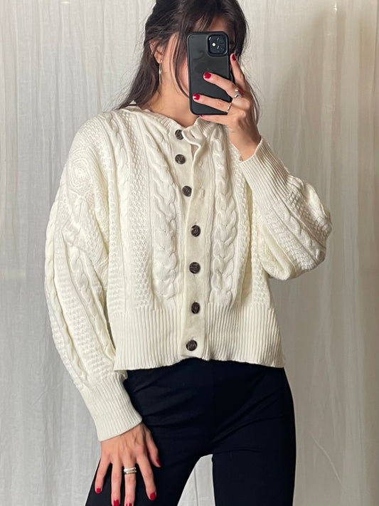 Vintage White Cable Knit Relaxed Cardigan Sweater M