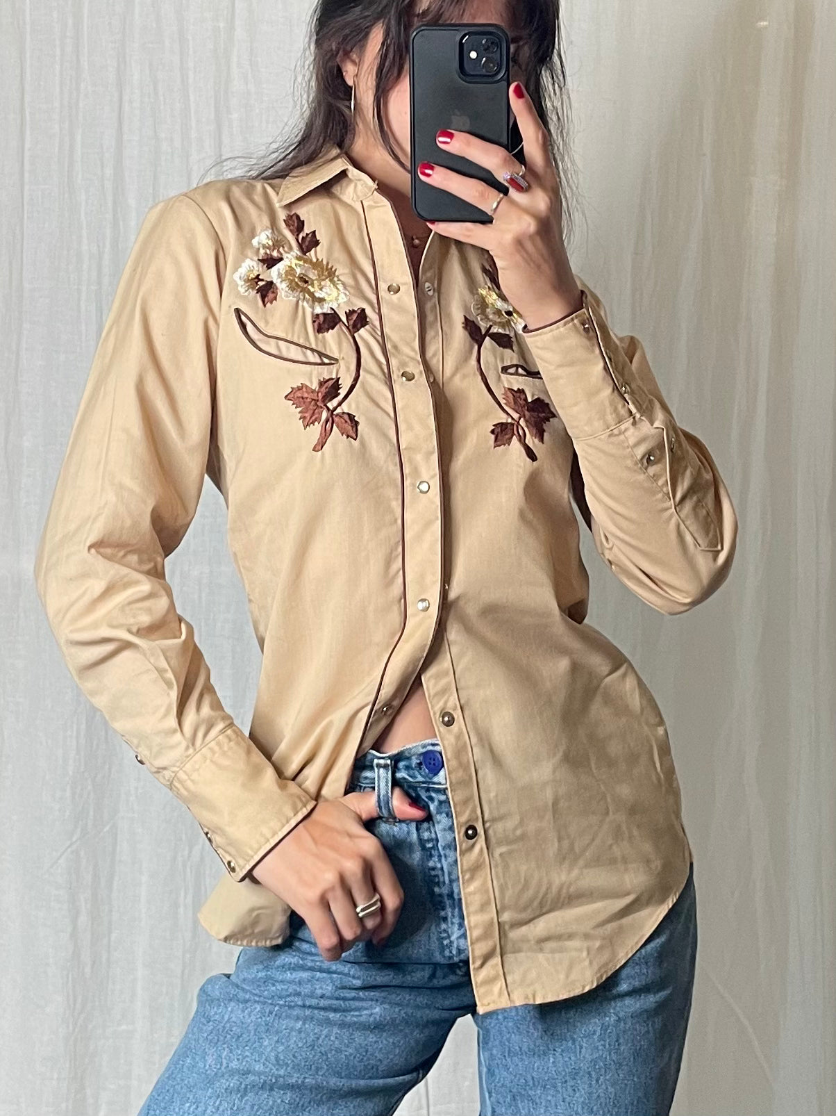 Vintage 100% Rayon Cowboy Beige Button Down Shirt S